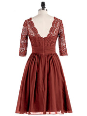 Dentelle et Mousseline Robe Courte avec Demi-Manches terracotta