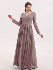 Col en V Dentelle et Mousseline Robe avec Manches Longues Dusk