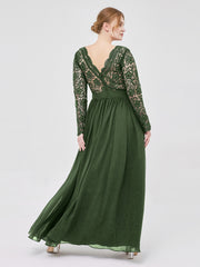 Col en V Dentelle et Mousseline Robe avec Manches Longues Olive Verte Grande Taille