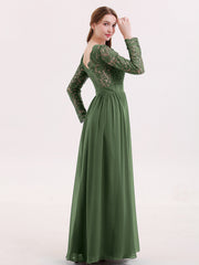 Col en V Dentelle et Mousseline Robe avec Manches Longues Olive Verte