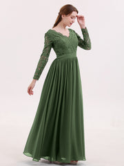 Col en V Dentelle et Mousseline Robe avec Manches Longues Olive Verte