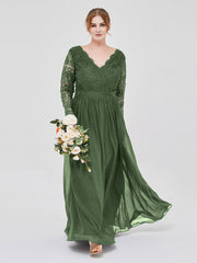 Col en V Dentelle et Mousseline Robe avec Manches Longues Olive Verte