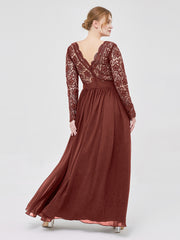 Col en V Dentelle et Mousseline Robe avec Manches Longues terracotta Grande Taille