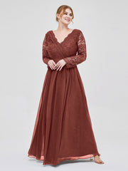 Col en V Dentelle et Mousseline Robe avec Manches Longues terracotta