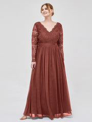 Col en V Dentelle et Mousseline Robe avec Manches Longues terracotta Grande Taille