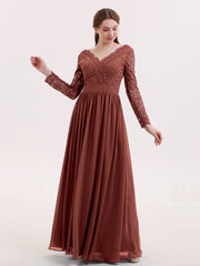 Col en V Dentelle et Mousseline Robe avec Manches Longues terracotta