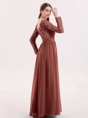 Col en V Dentelle et Mousseline Robe avec Manches Longues terracotta