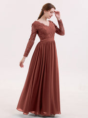 Col en V Dentelle et Mousseline Robe avec Manches Longues terracotta