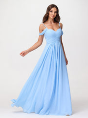 Hors De l'Épaule Spaghetti Bretelle Mousseline Robes Bleu Grande Taille