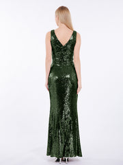 Fourreau Col en V Paillettes Robe Longue Olive Verte