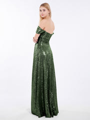 Robe Longue Paillettes avec Hors de L'épaule Olive Verte Grande Taille