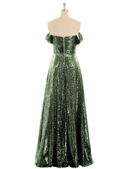 Robe Longue Paillettes avec Hors de L'épaule Olive Verte