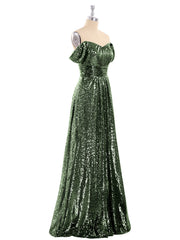 Robe Longue Paillettes avec Hors de L'épaule Olive Verte Grande Taille