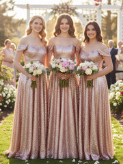 Robe Longue Paillettes avec Hors de L'épaule Or Rose