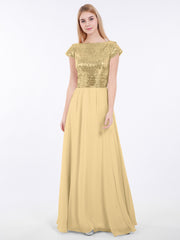 Paillettes Robe Longue avec Mancherons Or