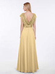 Paillettes Robe Longue avec Mancherons Or
