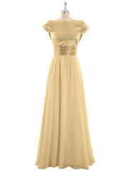 Paillettes Robe Longue avec Mancherons Or