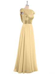 Paillettes Robe Longue avec Mancherons Or
