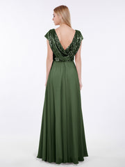 Paillettes Robe Longue avec Mancherons Olive Verte