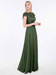 Paillettes Robe Longue avec Mancherons Olive Verte Grande Taille