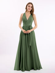 Profond Col En V Mousseline Robe Avec Ceinture Nœud Olive Verte