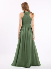 Profond Col En V Mousseline Robe Avec Ceinture Nœud Olive Verte