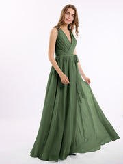 Profond Col En V Mousseline Robe Avec Ceinture Nœud Olive Verte