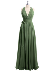 Profond Col En V Mousseline Robe Avec Ceinture Nœud Olive Verte