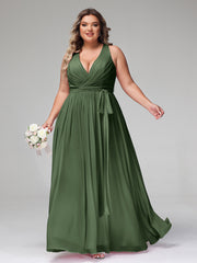 Profond Col En V Mousseline Robe Avec Ceinture Nœud Olive Verte Grande Taille