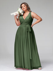 Profond Col En V Mousseline Robe Avec Ceinture Nœud Olive Verte Grande Taille