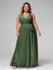 Profond Col En V Mousseline Robe Avec Ceinture Nœud Olive Verte Grande Taille
