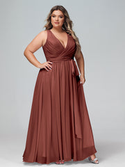 Profond Col En V Mousseline Robe Avec Ceinture Nœud terracotta Grande Taille