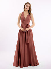 Profond Col En V Mousseline Robe Avec Ceinture Nœud terracotta