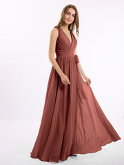 Profond Col En V Mousseline Robe Avec Ceinture Nœud terracotta