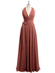 Profond Col En V Mousseline Robe Avec Ceinture Nœud terracotta