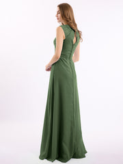 Mousseline Et Dentelle Dos Nu Longueur Complète Robe Olive Verte