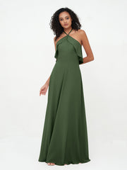 Licou Bretelle Robes de Demoiselle d'Honneur Longues en Mousseline Olive Verte