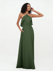 Licou Bretelle Robes de Demoiselle d'Honneur Longues en Mousseline Olive Verte Grande Taille