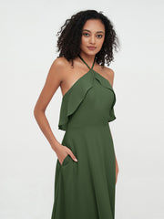 Licou Bretelle Robes de Demoiselle d'Honneur Longues en Mousseline Olive Verte Grande Taille