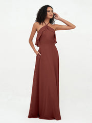 Licou Bretelle Robes de Demoiselle d'Honneur Longues en Mousseline terracotta Grande Taille