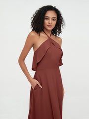 Licou Bretelle Robes de Demoiselle d'Honneur Longues en Mousseline terracotta Grande Taille