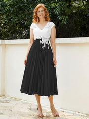 Col en V Mousseline Robe avec Bustier Appliqué Ivoire Noir Grande Taille