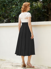 Col en V Mousseline Robe avec Bustier Appliqué Ivoire Noir