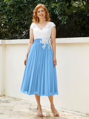 Col en V Mousseline Robe avec Bustier Appliqué Ivoire Bleu Grande Taille