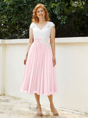Col en V Mousseline Robe avec Bustier Appliqué Ivoire Rose Pâle
