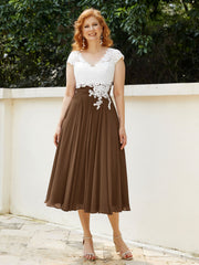 Col en V Mousseline Robe avec Bustier Appliqué Ivoire Brun