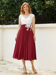 Col en V Mousseline Robe avec Bustier Appliqué Ivoire Bordeaux