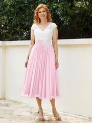 Col en V Mousseline Robe avec Bustier Appliqué Ivoire Rose Bonbon Grande Taille