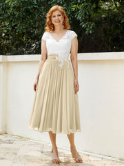 Col en V Mousseline Robe avec Bustier Appliqué Ivoire Champagne Grande Taille