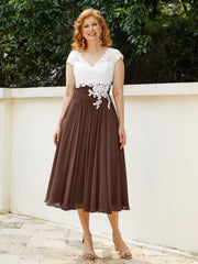 Col en V Mousseline Robe avec Bustier Appliqué Ivoire Chocolat